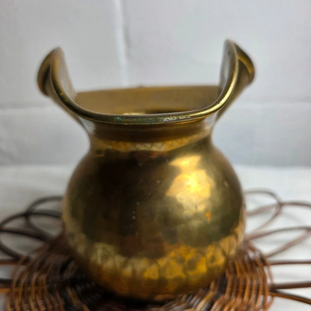 Vintage Hammered Brass Pitcher Decorative Gold Vase Flared Spout Rustic Decor